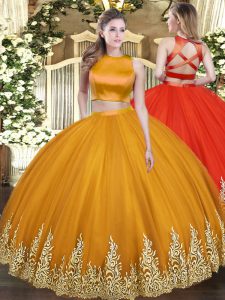 Trendy Orange Quinceanera Gown Military Ball and Sweet 16 and Quinceanera with Appliques High-neck Sleeveless Criss Cross
