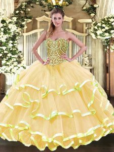 Clearance Gold Organza Lace Up Quinceanera Gowns Sleeveless Floor Length Beading and Ruffled Layers
