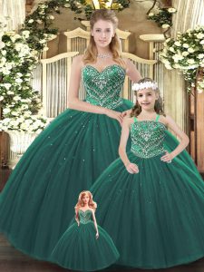 Perfect Dark Green Sleeveless Floor Length Beading Lace Up Vestidos de Quinceanera