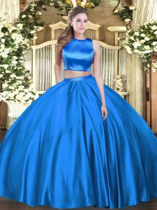Blue Two Pieces High-neck Sleeveless Tulle Floor Length Criss Cross Ruching Quince Ball Gowns