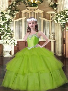 Perfect Floor Length Ball Gowns Sleeveless Olive Green Pageant Dress for Girls Lace Up