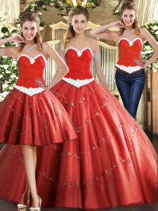 Customized Sweetheart Sleeveless Lace Up Vestidos de Quinceanera Coral Red Tulle