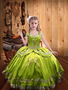 Yellow Green Ball Gowns Off The Shoulder Sleeveless Satin Floor Length Lace Up Beading and Embroidery Pageant Dress Womens