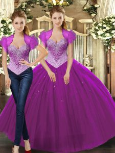 Fuchsia Ball Gowns Straps Sleeveless Tulle Floor Length Lace Up Beading Ball Gown Prom Dress