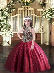 Stunning Wine Red Lace Up Halter Top Beading Pageant Dresses Tulle Sleeveless