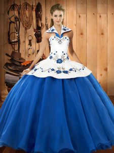 Blue And White Sleeveless Satin and Tulle Lace Up Quince Ball Gowns for Military Ball and Sweet 16 and Quinceanera