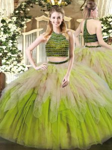 Graceful Multi-color Lace Up Sweet 16 Dress Beading and Ruffles Sleeveless Floor Length