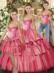 Free and Easy Watermelon Red Organza Lace Up 15 Quinceanera Dress Sleeveless Floor Length Beading and Ruffled Layers