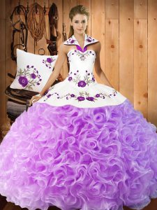 Sophisticated Lilac Ball Gowns Halter Top Sleeveless Fabric With Rolling Flowers Floor Length Lace Up Embroidery Sweet 16 Dress