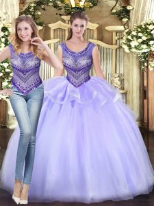 Dazzling Tulle Scoop Sleeveless Lace Up Beading and Ruffles 15th Birthday Dress in Lavender