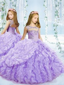 Inexpensive Lavender Sleeveless Floor Length Beading and Ruffles and Pick Ups Lace Up Little Girls Pageant Gowns