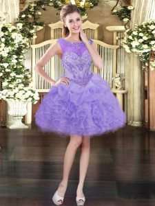 Mini Length Lavender Dress for Prom Organza Sleeveless Beading and Ruffles and Pick Ups
