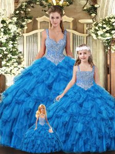 Deluxe Teal Quinceanera Dress Military Ball and Sweet 16 and Quinceanera with Beading and Ruffles Scoop Sleeveless Lace Up