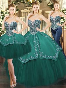 Dark Green Sweetheart Neckline Beading and Appliques Quinceanera Gowns Sleeveless Lace Up