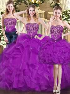 Ideal Purple Sleeveless Organza Lace Up Sweet 16 Quinceanera Dress for Military Ball and Sweet 16 and Quinceanera