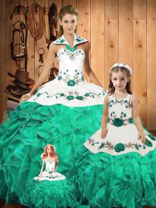 Glorious Green Sleeveless Embroidery and Ruffles Floor Length 15th Birthday Dress