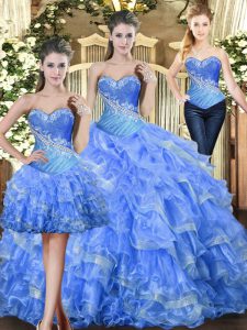 Baby Blue Ball Gowns Sweetheart Sleeveless Tulle Floor Length Lace Up Beading and Ruffles Sweet 16 Quinceanera Dress