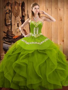 Olive Green Organza Lace Up Sweet 16 Dresses Sleeveless Floor Length Embroidery and Ruffles