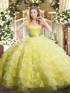 Super Yellow Green Organza Zipper Sweet 16 Dress Sleeveless Floor Length Ruffled Layers
