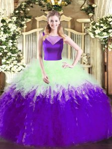 Scoop Sleeveless Tulle Ball Gown Prom Dress Beading and Ruffles Side Zipper
