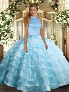 Sleeveless Backless Floor Length Beading and Ruffled Layers Quince Ball Gowns