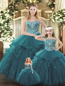 Modern Organza Sweetheart Sleeveless Lace Up Beading and Ruffles Ball Gown Prom Dress in Teal