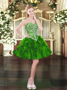 Sleeveless Organza Mini Length Lace Up Dress for Prom in Green with Beading and Ruffles