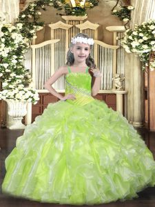 Yellow Green Straps Neckline Beading and Ruffles Little Girls Pageant Dress Sleeveless Lace Up