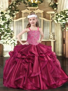 Floor Length Lace Up Child Pageant Dress Fuchsia for Sweet 16 and Quinceanera with Beading and Ruffles
