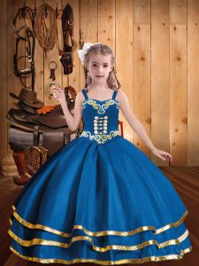 Straps Sleeveless Girls Pageant Dresses Floor Length Embroidery and Ruffled Layers Blue Organza