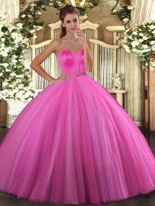 Fashion Rose Pink Ball Gowns Tulle Sweetheart Sleeveless Beading Floor Length Lace Up Sweet 16 Dress