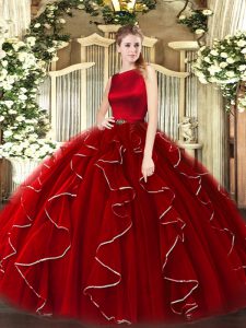 Ball Gowns 15th Birthday Dress Wine Red Scoop Organza Sleeveless Floor Length Clasp Handle