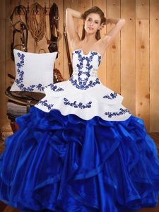 Flare Floor Length Blue Quinceanera Gown Satin and Organza Sleeveless Embroidery and Ruffles
