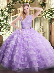 Glamorous Lavender Sleeveless Lace and Ruffled Layers Floor Length 15 Quinceanera Dress