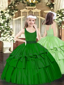 Dark Green Sleeveless Floor Length Beading Zipper Little Girl Pageant Dress