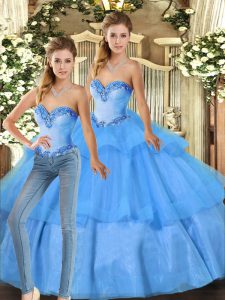 Fitting Baby Blue Sleeveless Organza Lace Up Quince Ball Gowns for Military Ball and Sweet 16 and Quinceanera