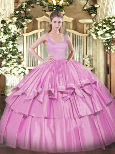Graceful Sleeveless Organza and Taffeta Floor Length Zipper Quinceanera Gown in Lilac with Beading and Ruffled Layers