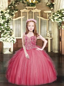 Wonderful Coral Red Lace Up Pageant Dress for Girls Beading and Ruffles Sleeveless Floor Length