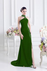 Green Sleeveless Elastic Woven Satin Sweep Train Lace Up Prom Party Dress for Prom and Party