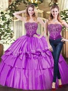 Hot Sale Floor Length Lace Up Quinceanera Gown Eggplant Purple for Military Ball and Sweet 16 and Quinceanera with Beading and Ruffled Layers