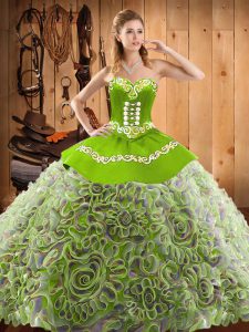 Dynamic Multi-color Sleeveless Satin and Fabric With Rolling Flowers Sweep Train Lace Up 15th Birthday Dress for Military Ball and Sweet 16 and Quinceanera