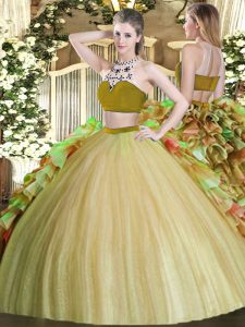 Olive Green Sleeveless Beading and Ruffles Floor Length Quinceanera Gowns