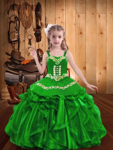 Gorgeous Embroidery and Ruffles Glitz Pageant Dress Green Lace Up Sleeveless Floor Length