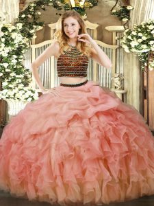 Baby Pink Zipper Quinceanera Gown Beading and Ruffles Sleeveless Floor Length