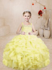 Sleeveless Floor Length Beading and Ruffles Lace Up Pageant Gowns For Girls with Light Yellow