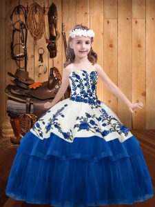 New Arrival Embroidery Kids Pageant Dress Blue Lace Up Sleeveless Floor Length