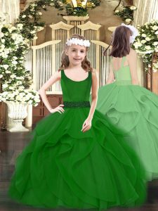 Super Scoop Sleeveless Zipper Little Girl Pageant Dress Dark Green Tulle
