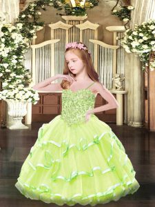 Organza Spaghetti Straps Sleeveless Lace Up Appliques Kids Formal Wear in Yellow Green