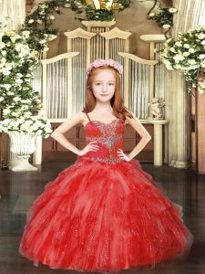 Red Lace Up Kids Formal Wear Beading and Ruffles Sleeveless Floor Length
