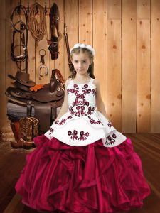 Perfect Straps Sleeveless Little Girl Pageant Gowns Floor Length Embroidery and Ruffles Fuchsia Organza